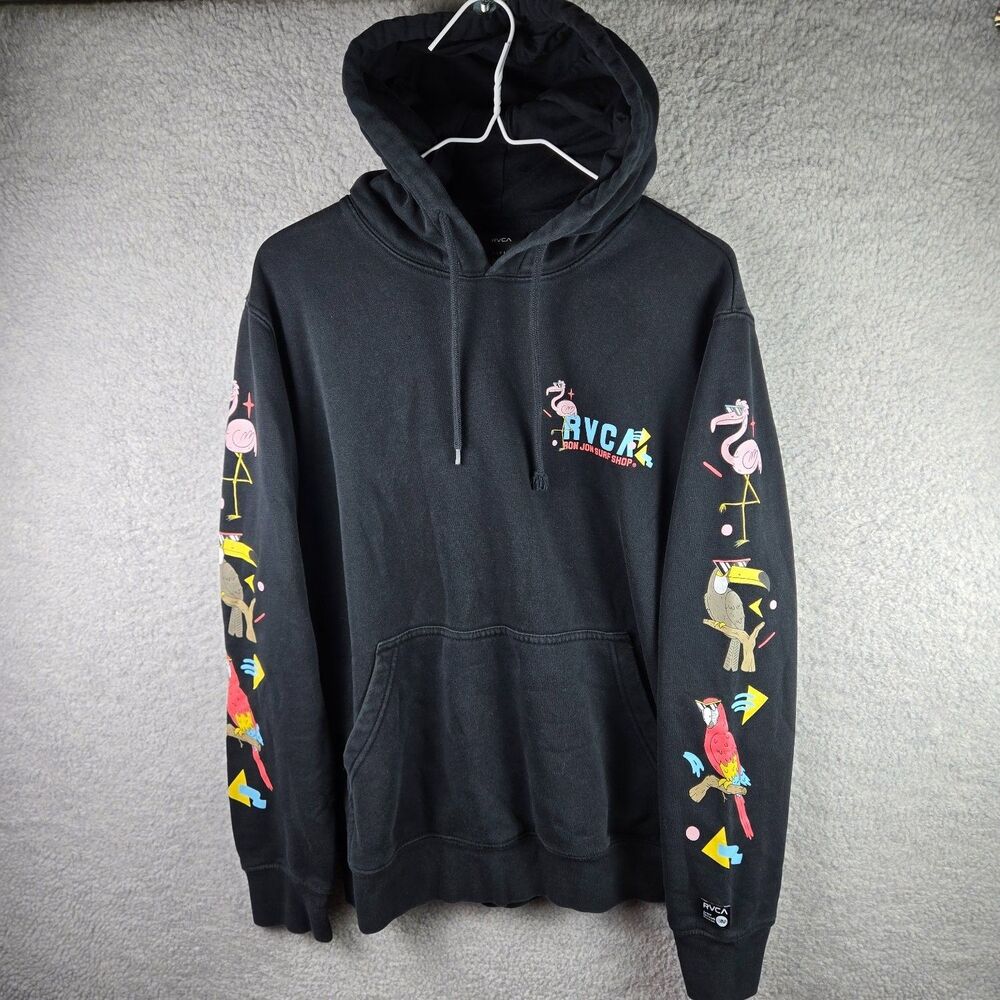 Rvca Ron Jon Surf Shop Anp Pullover Hoodie Mens S Black Graphic Tropical Birds